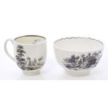 18th century Worcester Hancock black printed coffee cup decorated with classical ruins and