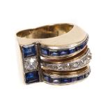 1940s Art Deco diamond and sapphire cocktail ring of 'Odeonesque' design - the domed pierced top
