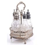 George III silver five-bottle cruet of circular form, with pierced border and gadrooned rim,