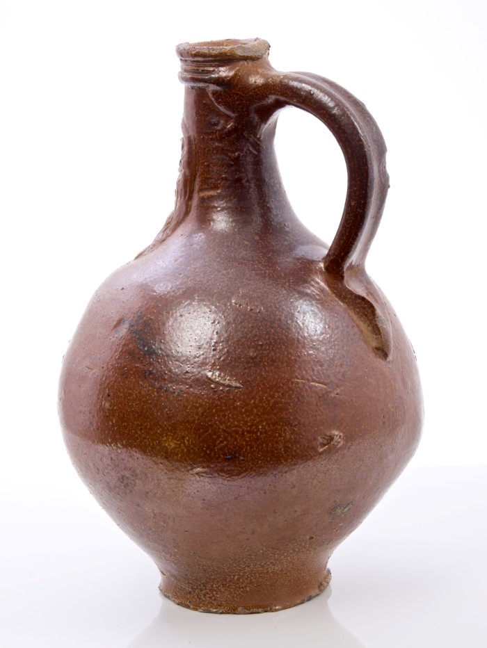 17th century Rhenish stoneware Bellarmine bottle with brown mottled glaze, string neck, - Image 3 of 4