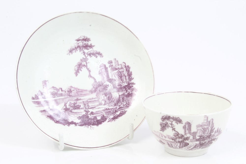 18th century Worcester Hancock purple printed tea bowl and saucer, circa 1765,