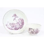 18th century Worcester Hancock purple printed tea bowl and saucer, circa 1765,