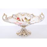 Early 19th century George Grainger botanical oval tazza with twin scroll handles,