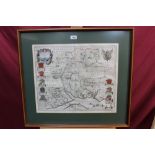 17th century hand-coloured Blaeu engraved map - Hantshire, in double-sided glazed frame, 44.