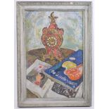 Joanna Shelton (nee Jackson 1916 - 1991), oil on canvas - still life with a boulle work clock,