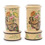 Pair early 19th century Spode cane ware cylindrical spill vases with polychrome painted