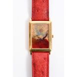 Zitura designer gold (18ct) wristwatch with rectangular enamel dial with abstract design in