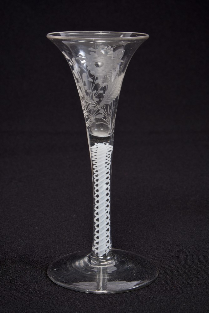 Mid-18th century Dutch wine glass with drawn funnel bowl with engraved flowers and butterfly,