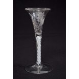 Mid-18th century Dutch wine glass with drawn funnel bowl with engraved flowers and butterfly,