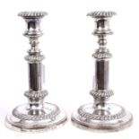 Pair early 19th century Old Sheffield Plate telescopic candlesticks with gadrooned borders,