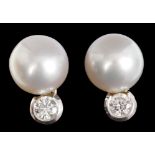 Pair diamond and cultured pearl earrings,