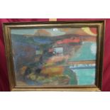 Klimo, 20th century mixed media on board - coastal landscape, in glazed gilt frame, labels verso,