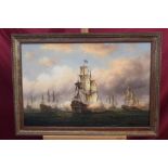James Hardy, 20th century oil on canvas laid on board - a Naval sea battle, signed, in gilt frame,