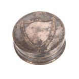 George III white metal pill box of circular form, with bright cut decoration, in leather box,