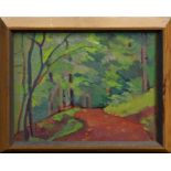 Hubert Lindsay Wellington (1879 - 1967), oil on board - The Woodland Path, framed, 18cm x 23.