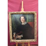 Victorian English School oil on canvas - portrait of lady at her embroidery, in ornate gilt frame,
