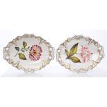 Pair early 19th century George Grainger botanical oval dishes with finely painted flowers within