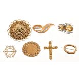 19th century cannetille oval brooch and similar cross pendant and five other brooches