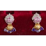 Pair regimental sweetheart earrings for The Royal Artillery, set with rose cut diamonds,