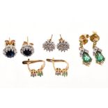 Four pairs of gem set earrings - to include diamonds,