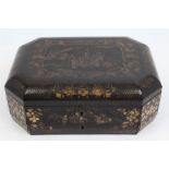 Early 19th century Chinese lacquer needlework box with gilt chinoiserie figure decoration,