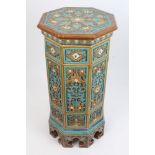 Victorian Majolica stand / table of Islamic-style octagonal column form, with moulded floral panels,