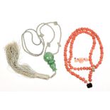 19th century coral bead two-strand choker necklace with faceted beads alternating with round beads,