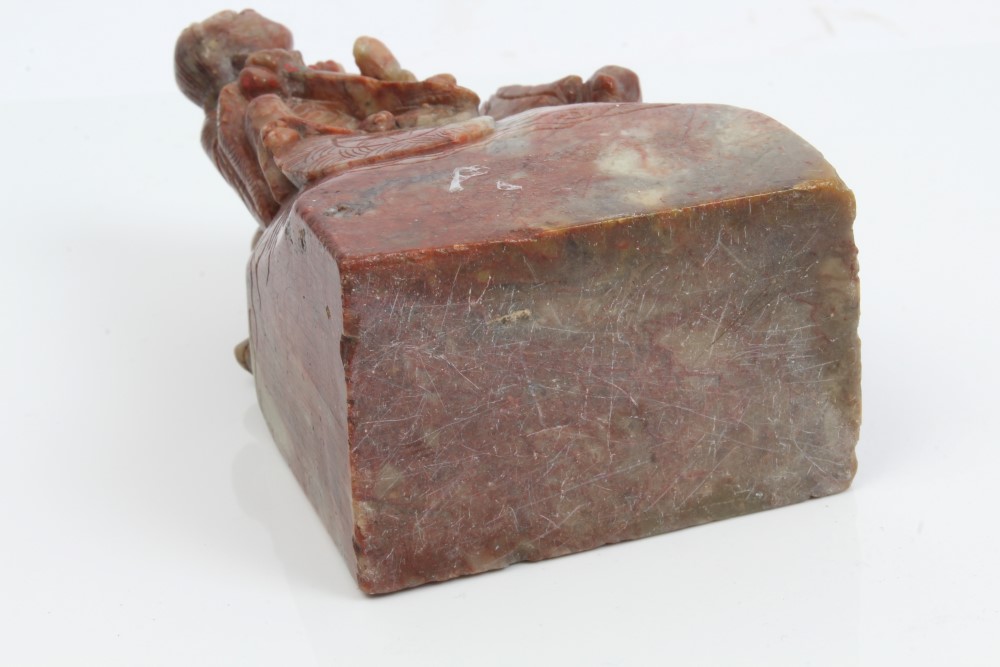 19th century Chinese soapstone box and cover with carved buildings in landscape decoration, 8. - Image 7 of 7