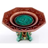 Victorian Wedgwood Majolica comport of octagonal form, with moulded putti,