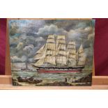 19th century Naive School oil on panel - shipping off the coast, unframed, 25cm x 30.
