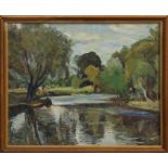 *Ronald Ossory Dunlop (1894 - 1973), oil on canvas - tree lined river, signed, in glazed frame,