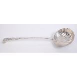 A rare George III Irish provincial 'hook-end' soup ladle with chased scroll and fluted shell bowl,