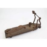 19th century Indian coconut cutter with carved wooden backboard and iron blades
