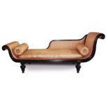 Regency mahogany double scroll end chaise longue with brass inlaid decoration,