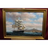 James Hardy, 20th century oil on canvas laid on board - an American ship off the coast, signed,