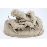 Victorian painted cast iron sculpture of two hounds cornering a fox,
