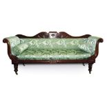 Good quality Regency mahogany framed sofa with scroll back and twin scroll ends,