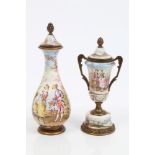 Late 19th century Viennese enamel bottle-shaped vase and cover, finely painted with romantic couple,