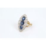 Late Victorian sapphire and diamond marquise-shape cluster ring with three oval mixed cut blue