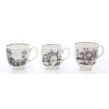 Three 18th century Worcester Hancock black printed coffee cups decorated with romantic scenes and