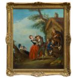 18th century oil on canvas - figures dancing and playing instruments before a thatched cottage,