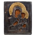 Antique Russian Icon depicting The Mother and Child within tooled silver oklad and gold corona, 31.