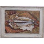 Joanna Shelton (nee Jackson 1916 - 1991), oil on board - still life of mackerel on a plate,