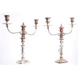 Pair early 19th century Sheffield Plate three-light candelabra with tapering rectangular stems and