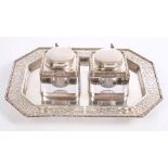 George V silver inkstand of octagonal form,