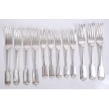 Seven Victorian silver fiddle pattern dinner forks,