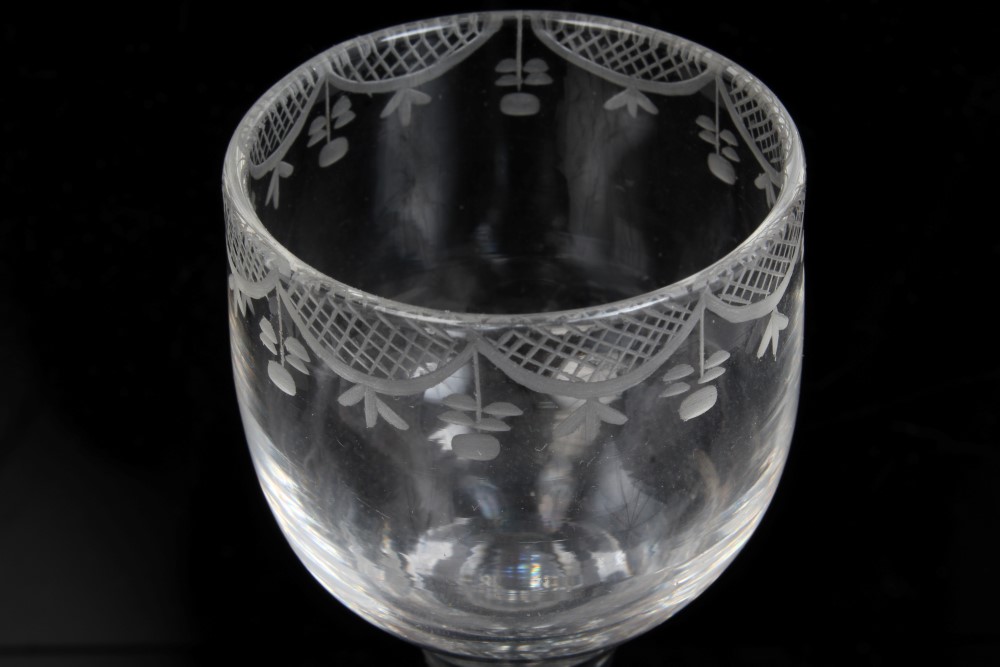 Mid-18th century cordial glass with conical bowl, engraved with swags and flowers, - Image 2 of 2