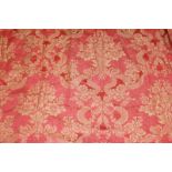 Pair of good quality red and gold silk damask interlined curtains with pleated tops, 270cm drop,