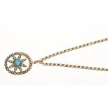 Victorian-style turquoise and seed pearl pendant with flower-head design and seed pearl border,