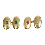 Pair gold (18ct) gem set cufflinks,